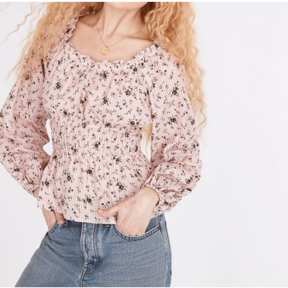 Madewell Sophia Top Bouquet Floral‎ XS Pink Smocked Puff Sleeve Cottage Ruffle